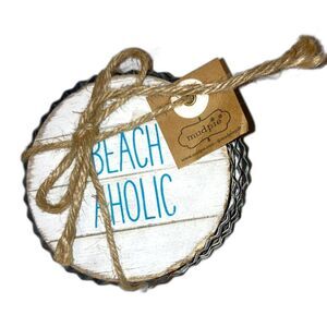 MUD PIE Drink Coaster Beach Coastal Nautical Theme Shiplap Metal Rim Gift Set